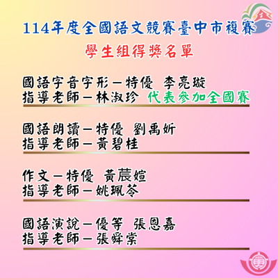 114年度全國語文競賽臺中市複賽學生組得獎名單-1