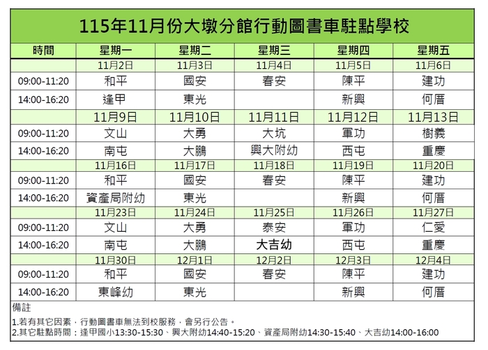 11月份行動圖書車駐點