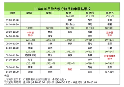 114年10月分大墩分館行動車駐點學校時間表圖片