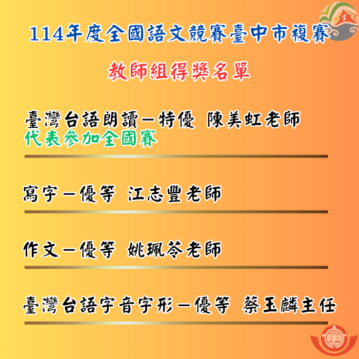 114年度全國語文競賽臺中市複賽教師組得獎名單圖片